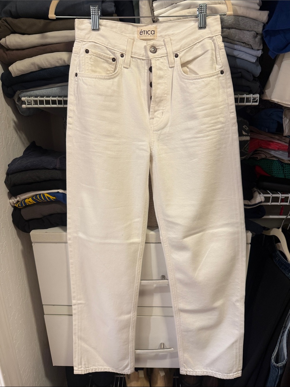Etica ecru white button fly Tyler Vintage Straight high rise jeans
